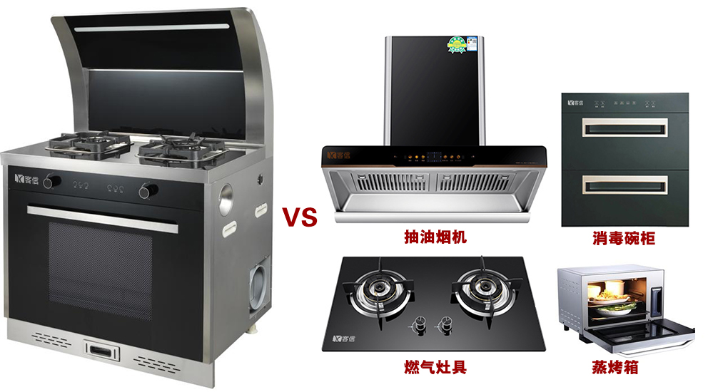 集成环保灶与油烟机机+燃气灶具+消毒柜+蒸烤箱比较
